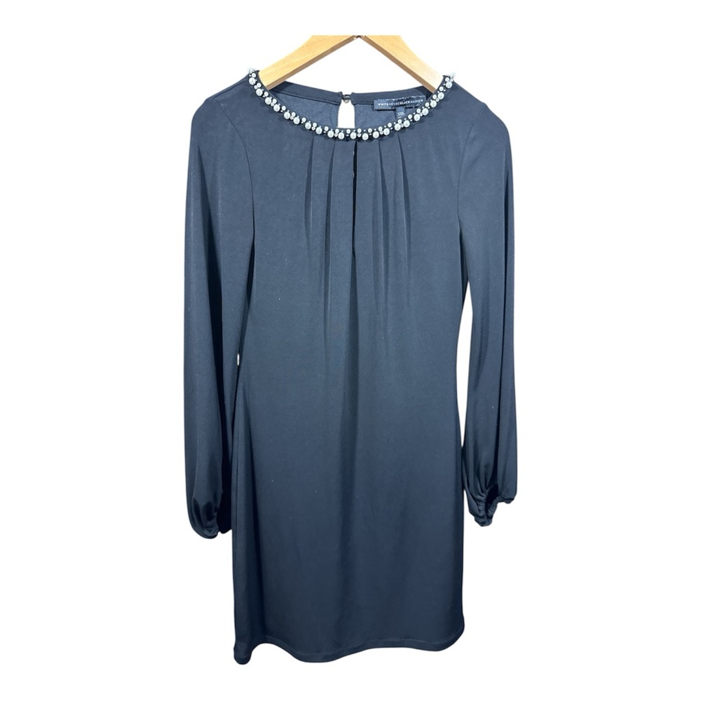 White House Black Market Pearl and Rhinestone Neckline Black Cocktail Dress